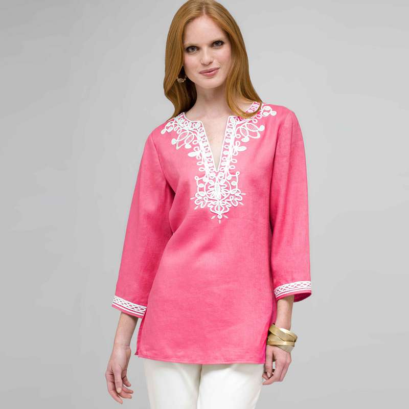 3/4 Sleeve Tunic, Hot Pink & White, large image number 0
